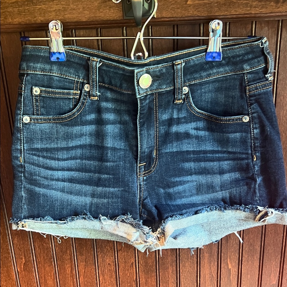 American Eagle Outfitters Dark Blue Distressed Feathered Denim Cutoff Shorts